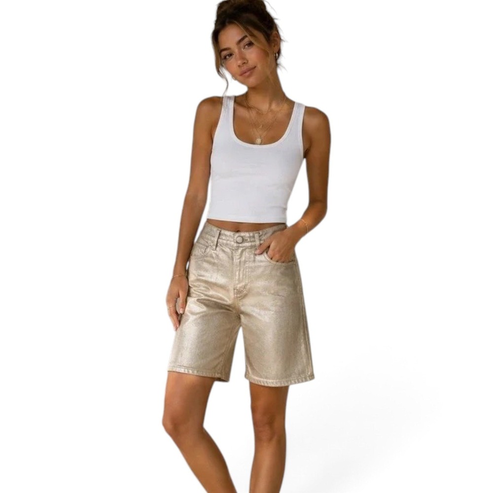 New Veronica Beard Charlotte High Rise Gold Metallic Long Bermuda Shorts Sz 25